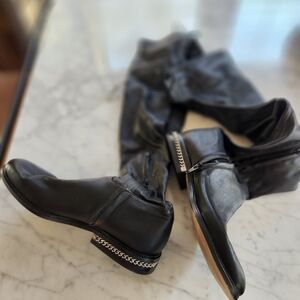 Michael Kors Black Leather Chain-Trim Heel, Knee High Tie Back Boots.